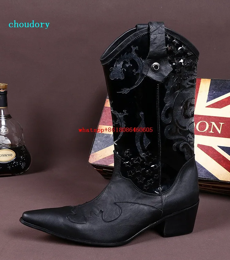 Choudory Luxury high heels italian military boots high top pointed toe embroidery cowboy boots dress wedding shoes mans size12