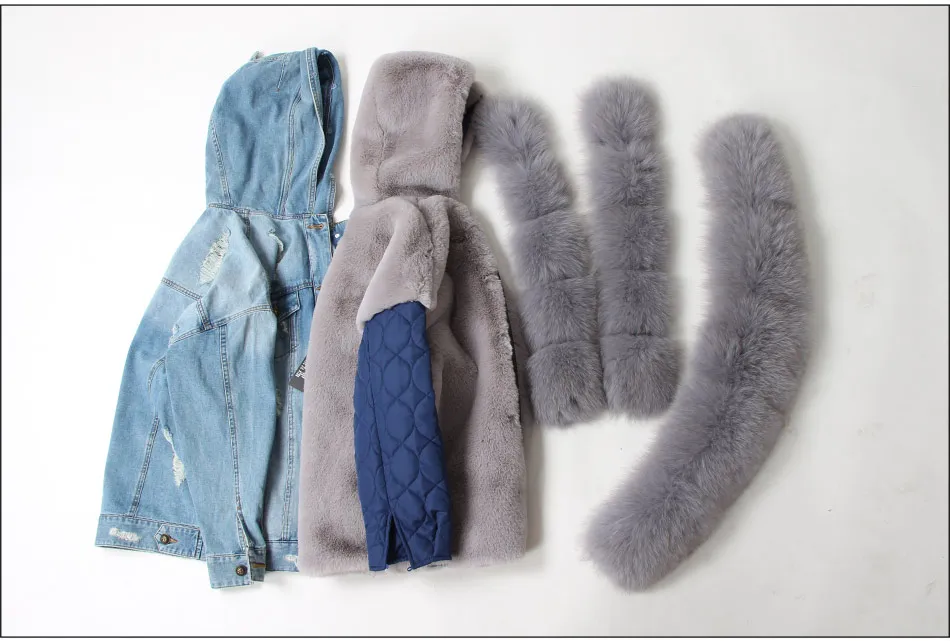 Maomaokong natural rabbit fur lined denim jacket fox fur coat coat fashion denim fox fur warm lady winter jacket women parka