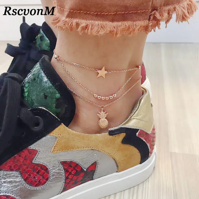 

RscvonM 3Pcs Boho Multilayer Star Pineapple Beads Chain Pendant Anklet Women Creative Crystal Chain Anklet Set Fashion Jewelry