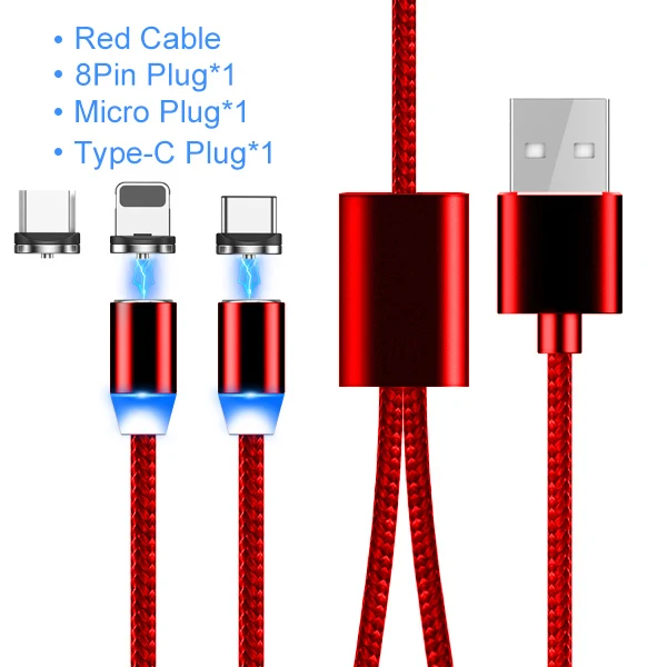 NOHON 3 in1 Магнитный Зарядное устройство кабели для IPhone X 7 8 6 плюс двойной головкой Быстрый зарядный кабель Micro Тип C для Xiaomi huawei samsung - Цвет: 3 plug 1 red cable