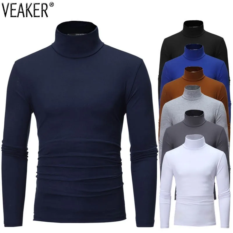 

2019 New Men's Solid Color Turtleneck T Shirts Male Slim Fit Long Sleeve T Shirts Black White Men tshirt Tops M-3XL