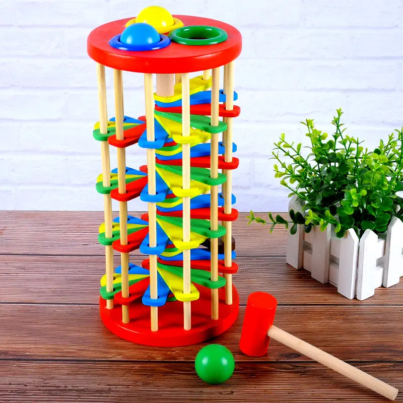 Wooden Toy Educational Knock the Ball off the Ladder Toys Gift for Kids Baby 