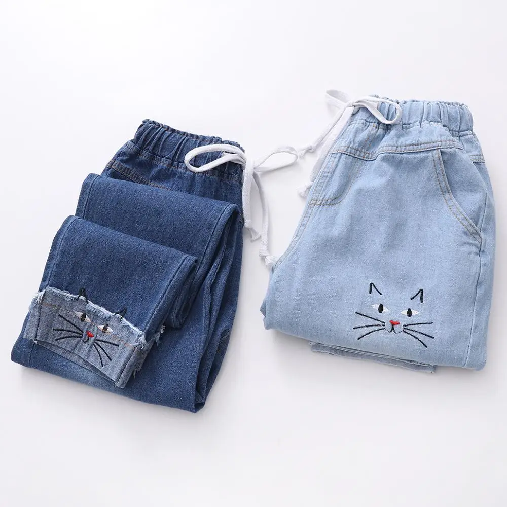 Women Harajuku Jeans Pants Japanese Autumn Pocket School Cartoon Funny Wide Leg Pants Loose Cat Embroidery Roll Up Denim Pants