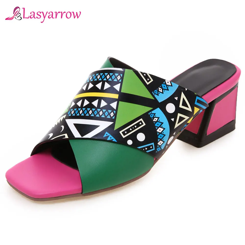 

Lasyarrow Size 43 New 2019 women sandals open toe square high heels snake print slip on women's mules summer ladies shoes J919