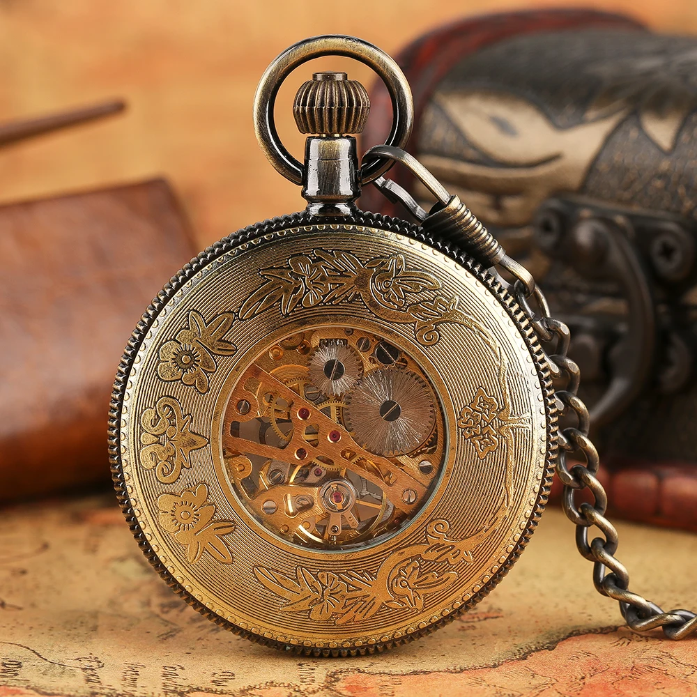 YISUYA Carving Pendant Pocket Watch Hand Winding Mechanical Steampunk Watches Vintage Bronze Ear Round Case Necklace Clock Men (8)