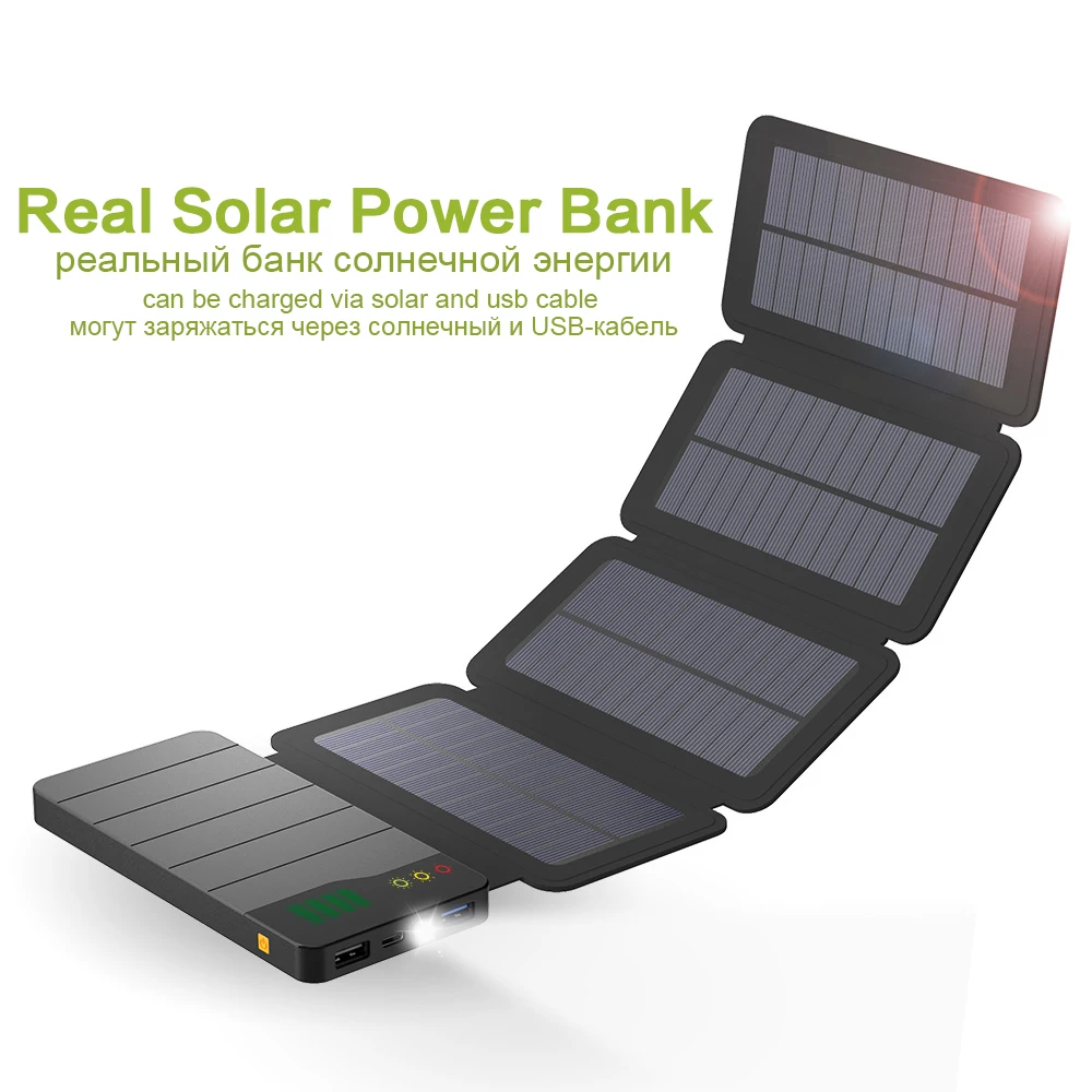 Solar Power Bank 6W Solar Panel 10000mAh Real Solar Powerbank for