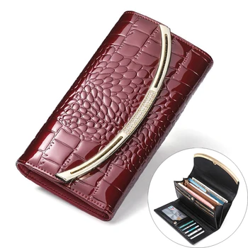 

Fashion Genuine Leather Women's Wallets Luxury Patent Leather Wallet Female Clutch Ladies 3 Fold Card Holder Wallet Red Purse