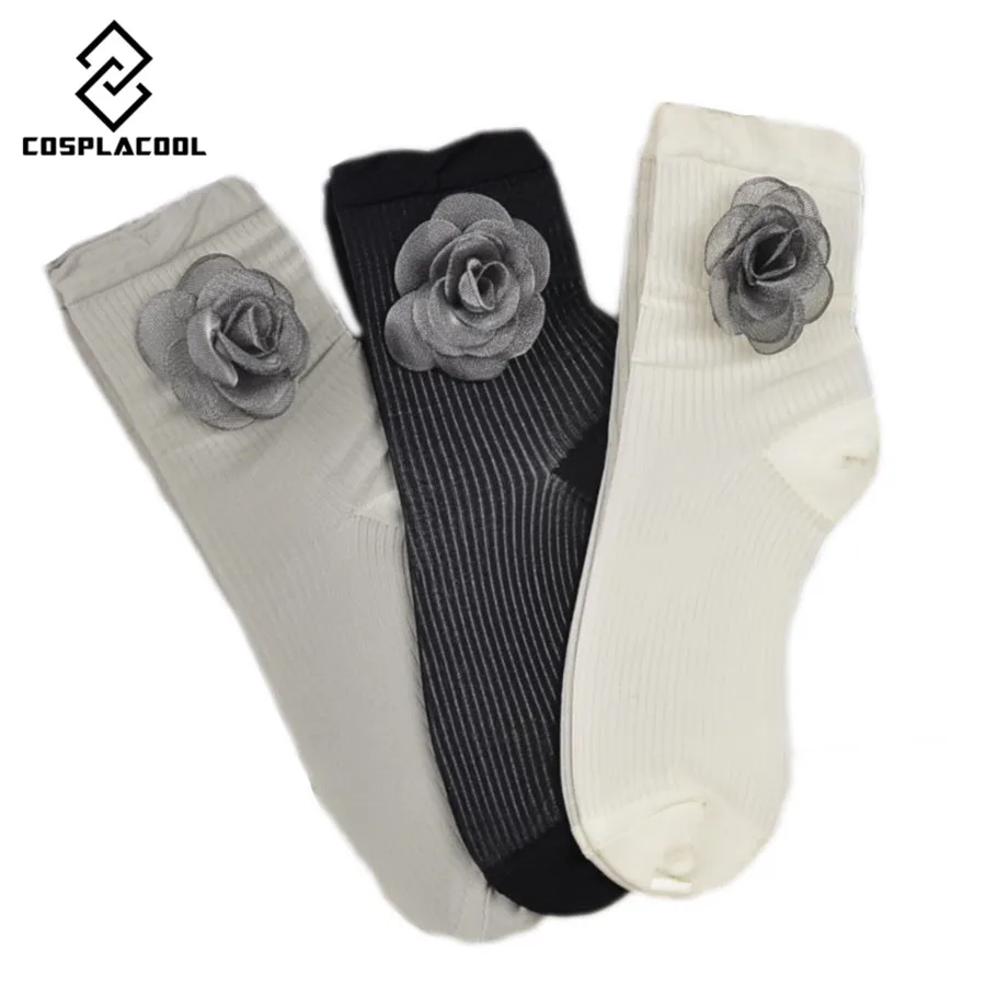 [COSPLACOOL]Fashion Brand Europe Hand-made Flowers Shining Silver Lace Heap Heap Socks Women/Students Socks Meias Calcetines