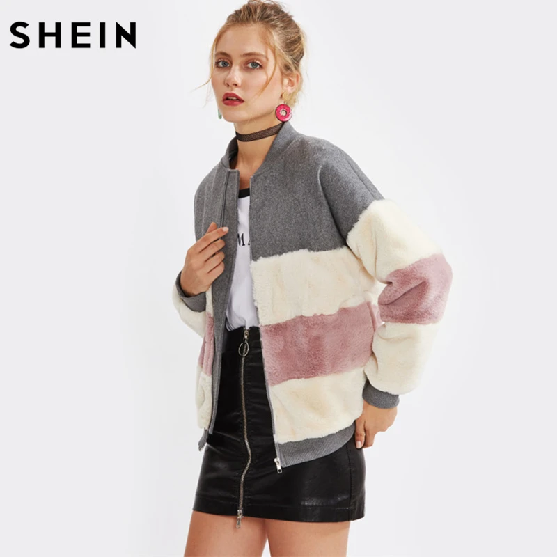 Buy SHEIN Color Block Faux Fur Panel Jacket Fall