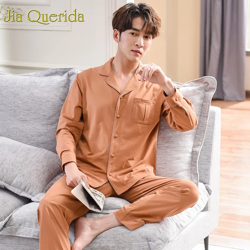 

J&Q High Quality Brandy Mens Pajama Set 2019 New Fashion 100% Cotton Solid Men's Sleepwear Long Sleeves Pants Lapel Pyjamas Male