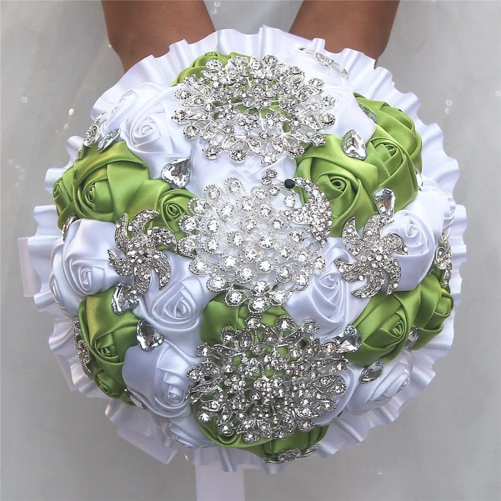Wedding Flowers Bridal Bouquets Crystal Beaded Artificial Rose Flowers Holder With Ribbon