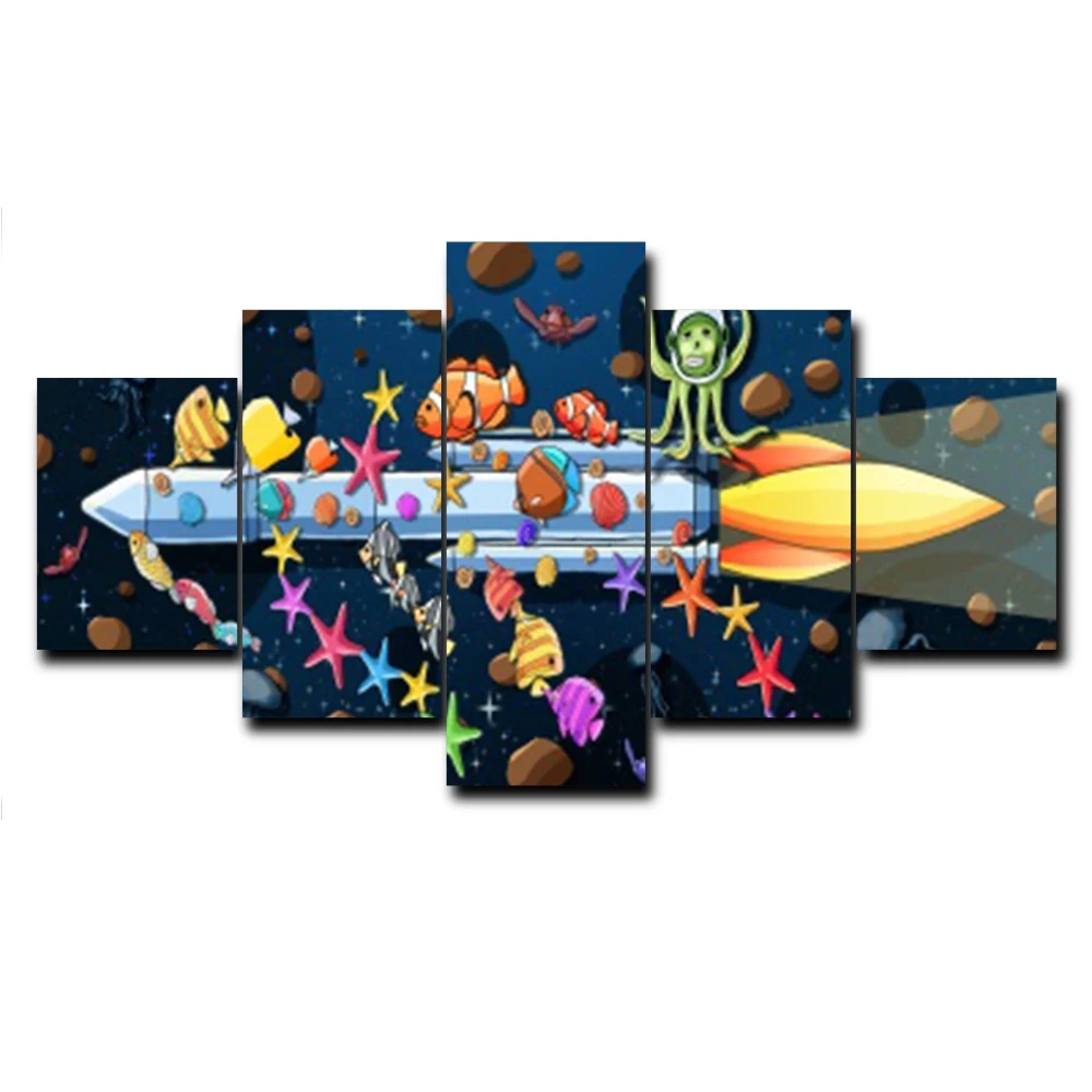 

5 Panel Cartoon Star Rocket Fish Underwater World Poster Art HD Canvas Painting for Living Room Wedding Home Decoration No Frame