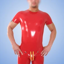 Красный латексный боди с Codpiece Фетиш с короткими рукавами короткие брюки Gummi 0,4