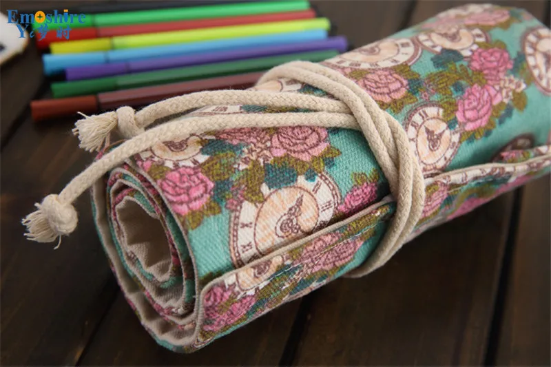 Emoshire New rose clock hand painted canvas pen bag art color lead stationery box student pencil bag large capacity art painting (15)