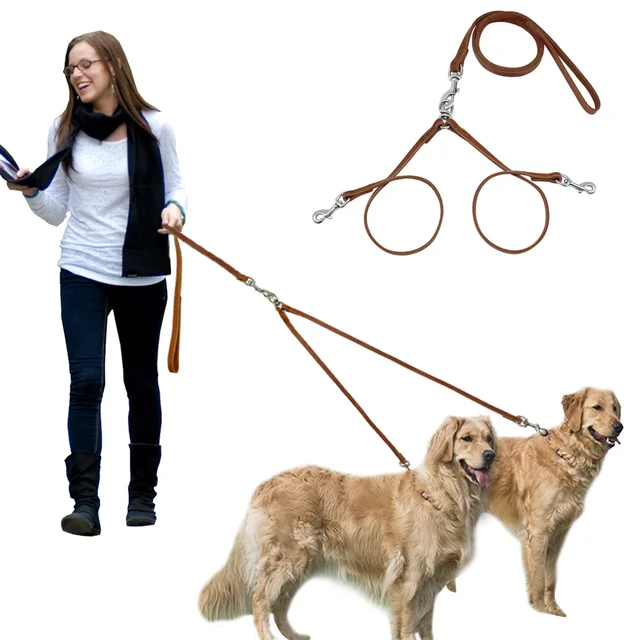 Leather Double Dog Leash Multiple Pet Leading & Double Walking Two Dog