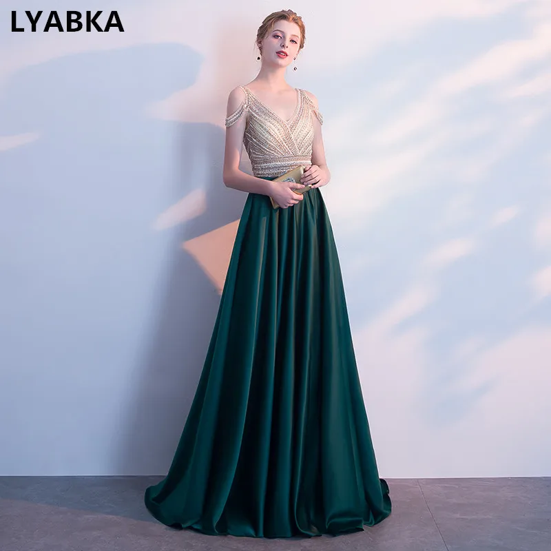 

Vestido De Festa A-line Evening Dresses Long V-Neck Dark Green Satin With Beading Evening Dress Party Gowns 2019 Robe De Soiree