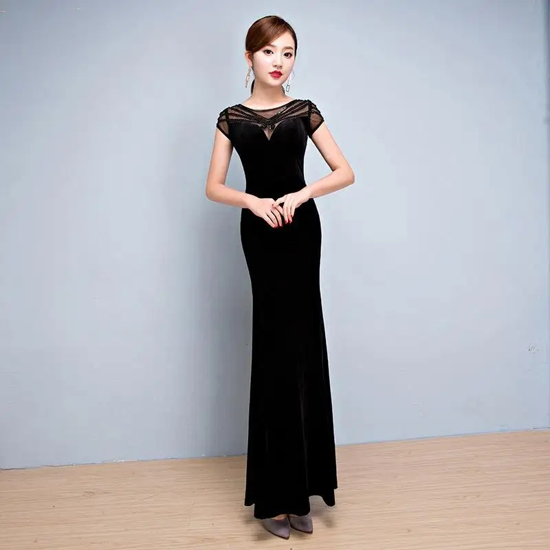 Свадебная вечеринка Cheongsam мода элегантный в китайском стиле длинные Qipao Oriental женское платье роскошный тонкий женские платья Vestido S-XXL - Цвет: Черный