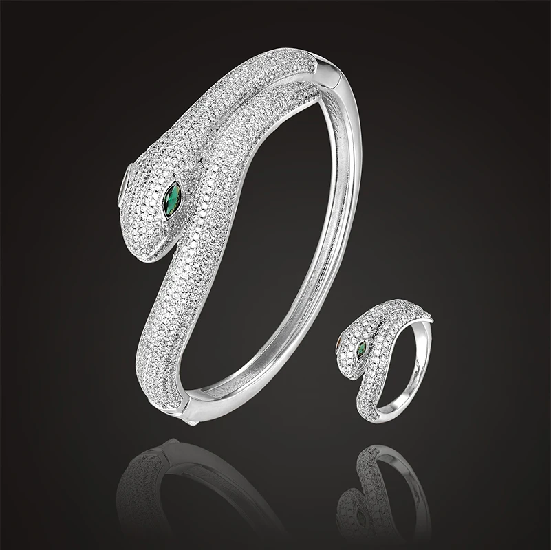 

Fateama luxury snake bangle with ring jewelry set green color eyes full zircon micro pave setting fashion jewelry of best gift