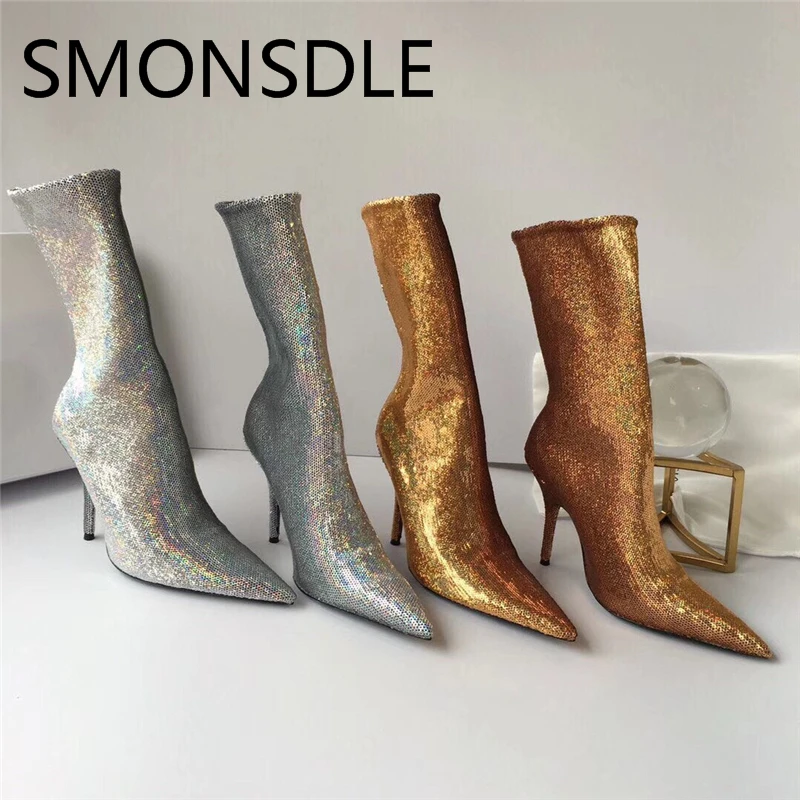 

2018 New Fashion Spring Autumn Blingbling Sequined Cloth Women Boots Pointed Toe Thin High Heel Shoes Woman Gold Boots Women
