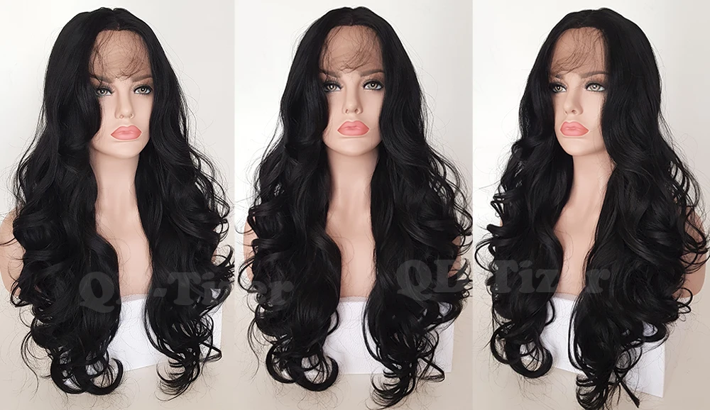 QD-Tizer Long Black Body Wave Hair Lace Front Wig with Bangs Free Part Glueless Heat Resistant Synthetic Lace Front Wigs5