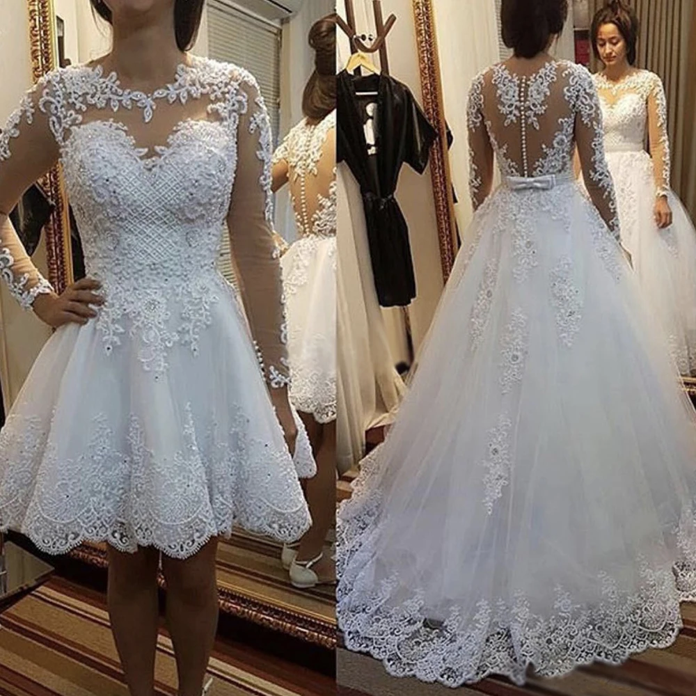 

Fansmile 2019 2 in 1 Detachable Train Ball Gown Wedding Dresses Vestido De Noiva Lace Appliques Pearls Bridal Gowns FSM-567T