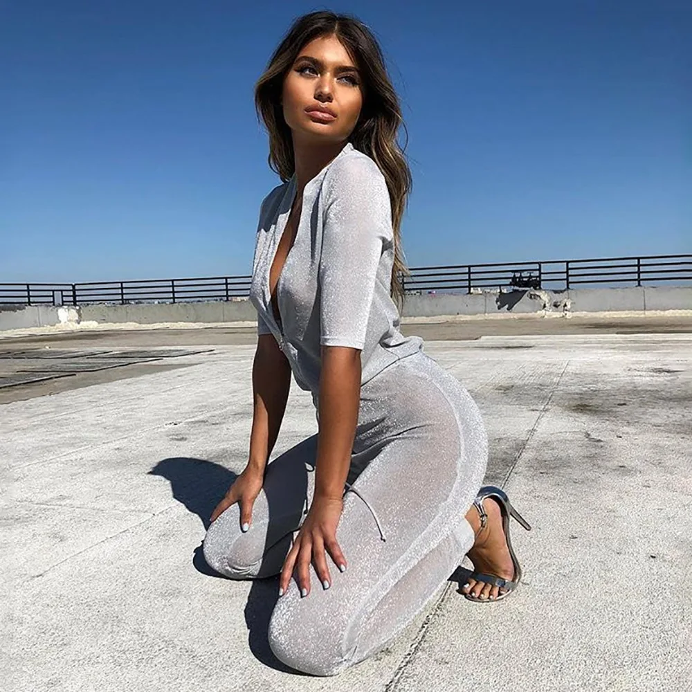 

Autumn Fitness Jumpsuits for Women Front Zipper 2018 Gray Deep V Neck Fitted Elegant Sexy Bodycon Jumpsuit Clubwear Tracksuit