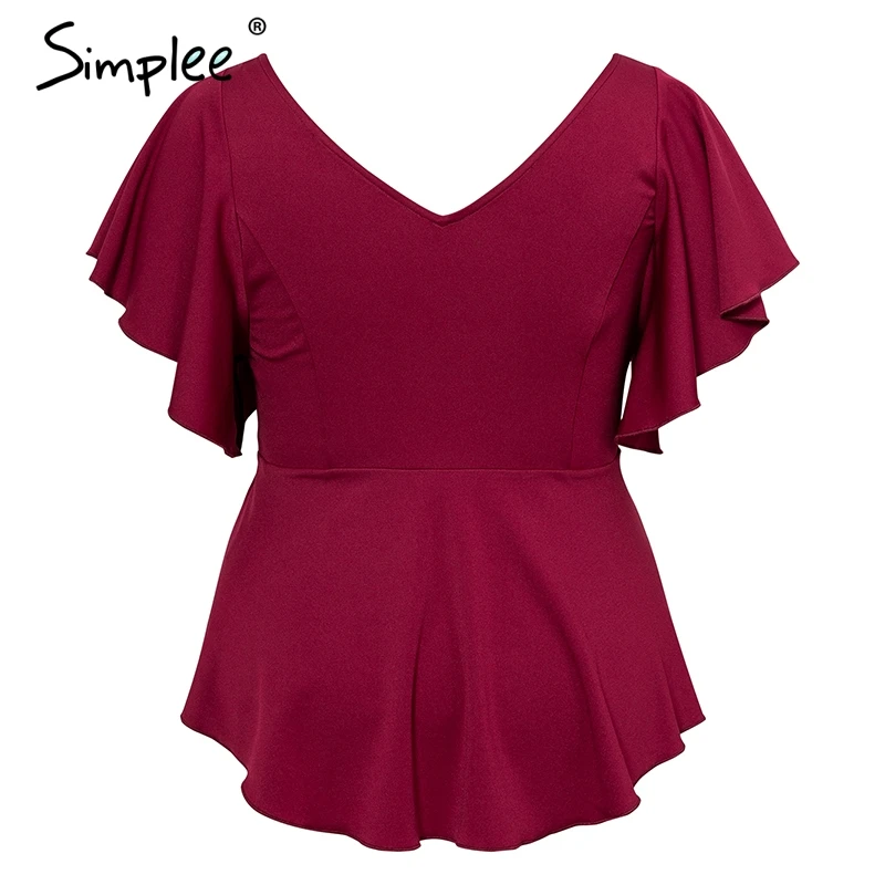 Simplee Plus size womens tops and blouses Elegant o-neck ruffled top shirt female Short sleeve solid high waist peplum blouse