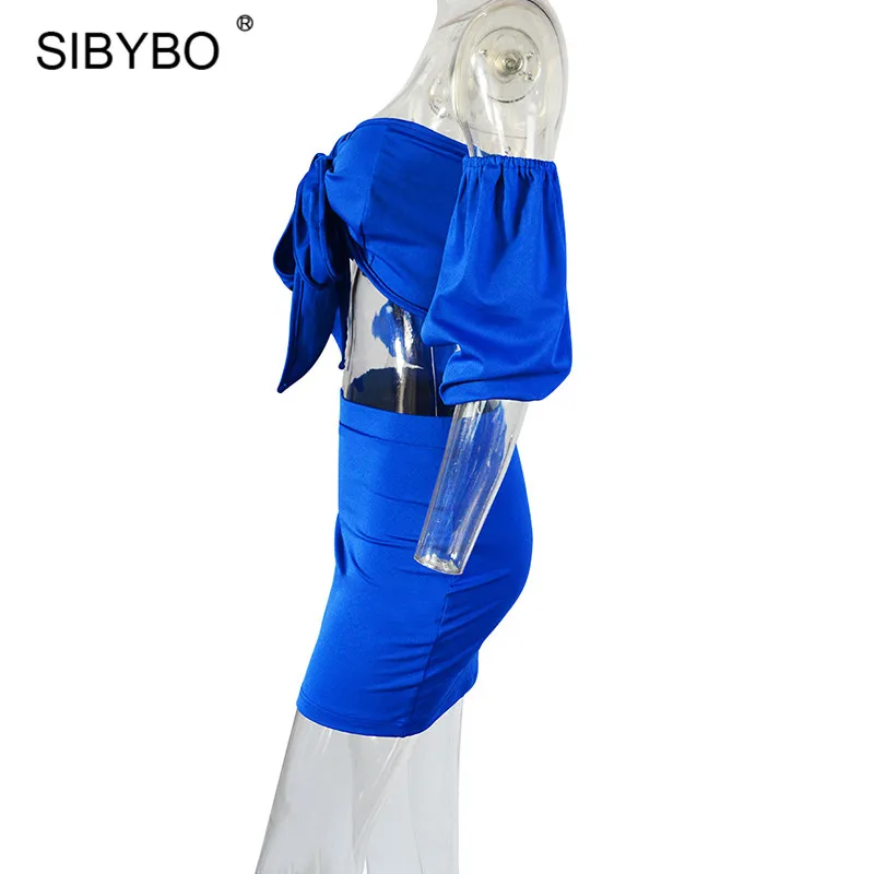 Женские топ с бантом и юбка Sibybo, комплект из однотонного топа с открытыми плечами и свободными рукавами с открытой спиной и V-образным вырезом и белой обтягивающей мини-юбки для вечеринки