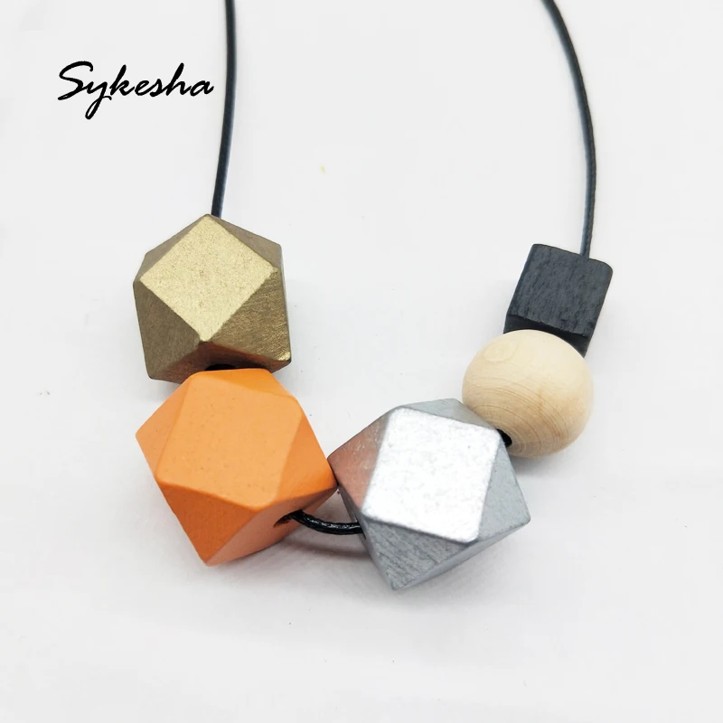 

2019 Adjustable Rope Gold Silver Wooden Beads Statement Necklace Women Asymmetric Pendant Choker Collar Necklace Holiday Gifts