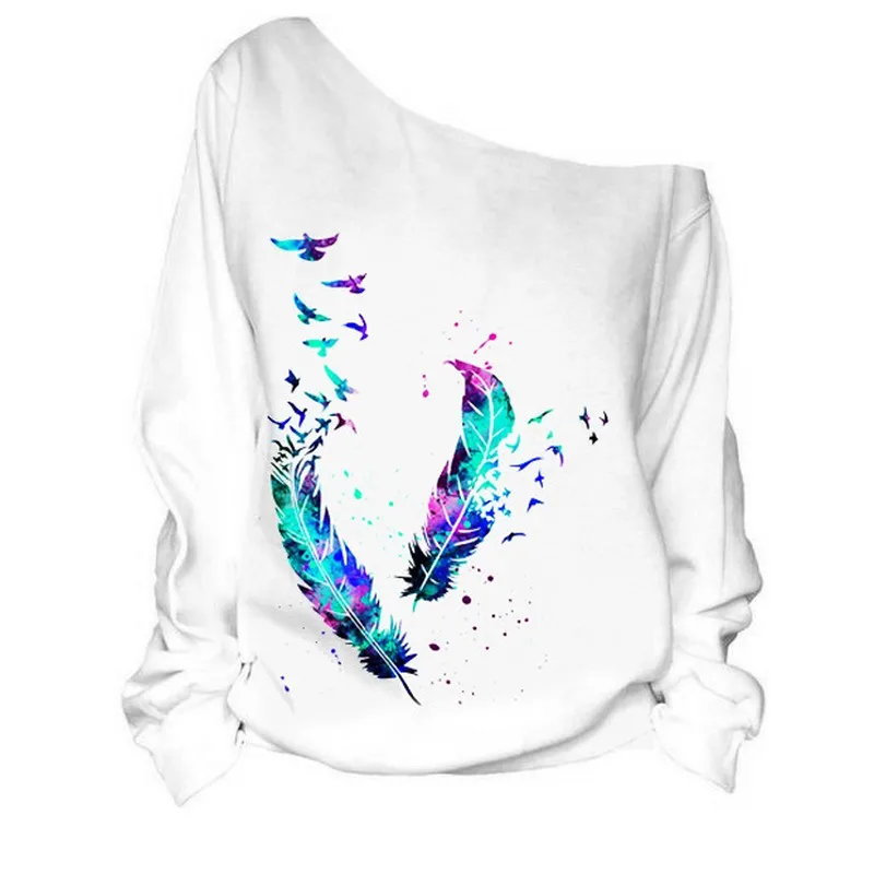  EXOTAO Sexy Women Off Shoulder Sweatshirts Loose Long Sleeve Hoodies Chic Feather Printing Pullover