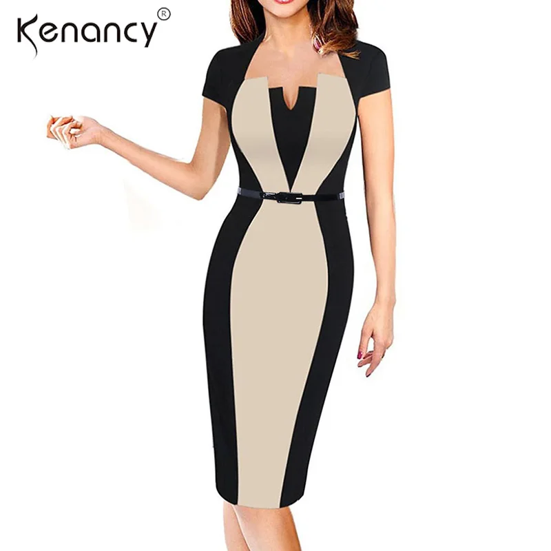 

Kenancy 2XL Optical Illusion Slim Color Block Belted Pencil Dress Women Party & Office Patchwork Bodycon Vestidos 2 Colors