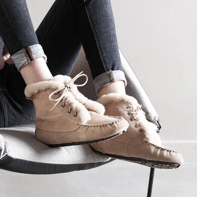 SWYIVY Rabbit Fur Winter Snow Boots Woman Genuine Leather 2018 Flat Female Warm Winter Shoes Lace Up Snowboots Plush Snow Boots