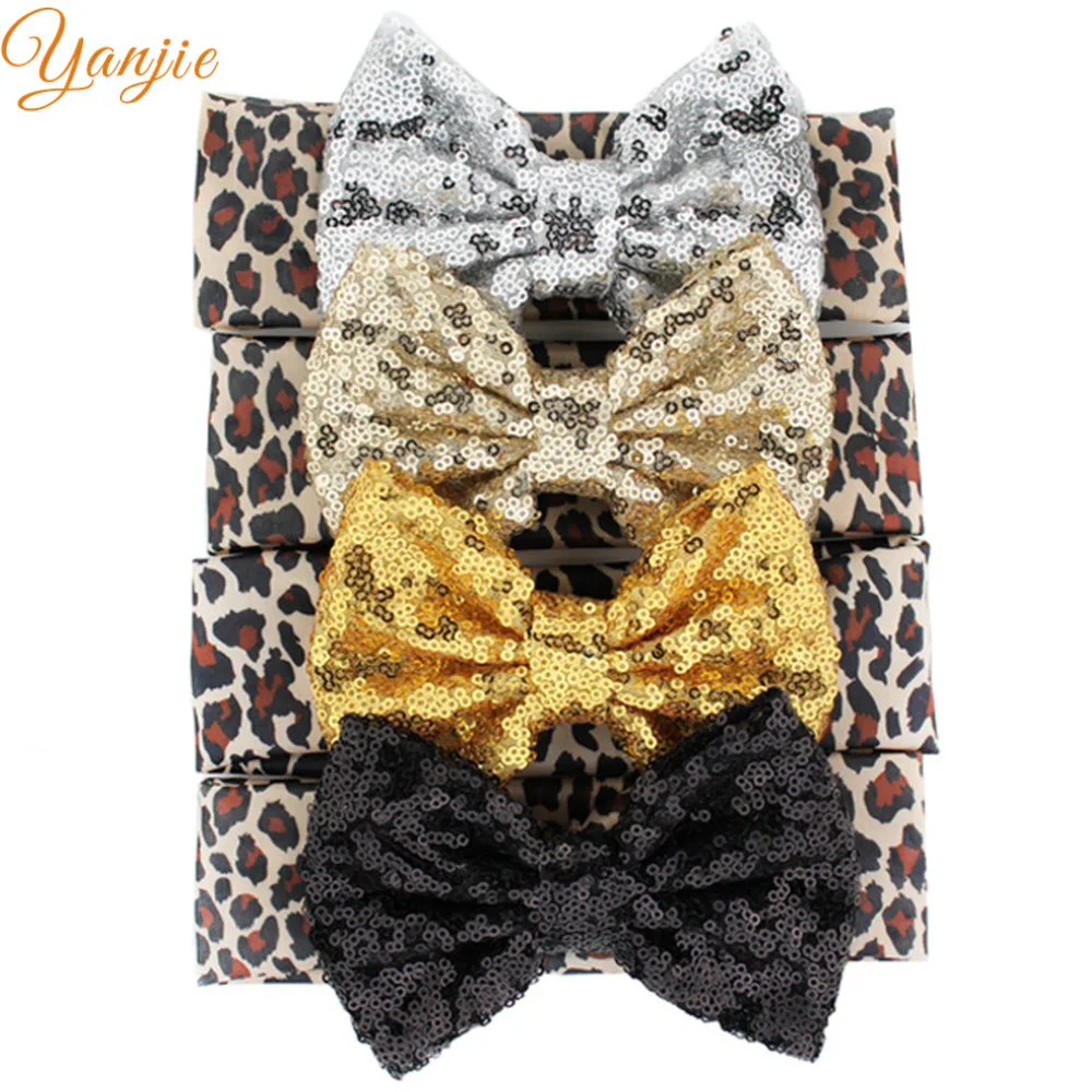 

Leopard Bow Hair Elastic Headbands Girls 5'' Big Sequin Hair Bow Hairband For Kids Print Glitter Hair Bands Hair Accessories