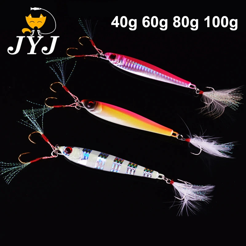 

1pc 60g/80g/100g Slow Pitch Jigging Fishing Lure Metal Vertical Fishing Jig Spoon With Treble Hook And Assist Hook