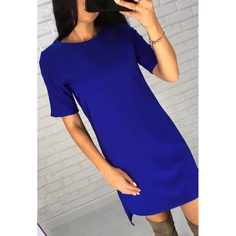 

Summer Fashion Ladies Short Sleeve O-Neck Loose Dress Casual Bohemian Thin Dresses Asymmetrical Straight Mini Dress Vestidos
