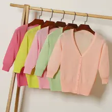 Queechalle 20 Цвета тонкие трикотажные кардиганы Для женщин прозрачный V шеи пальто кардиган женский однотонный Повседневный Топ Ice Шелковый верхняя одежда
