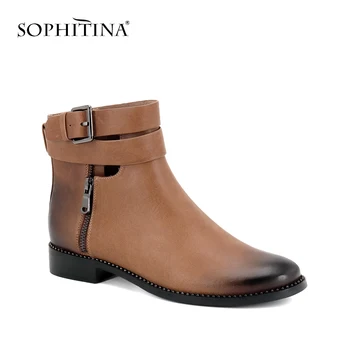 

SOPHITINA Unique Female Motorcycle Boots Warm Solid Handmade Genuine Leather Zip Women Brand Shoes retro metal buckle Boots M36