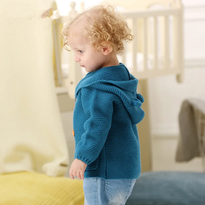 Вязаный кардиган свитер для маленьких мальчиков От 0 до 2 лет младенческой детская блузка с капюшоном Одежда малышей Костюмы теплая куртка - Цвет: Синий