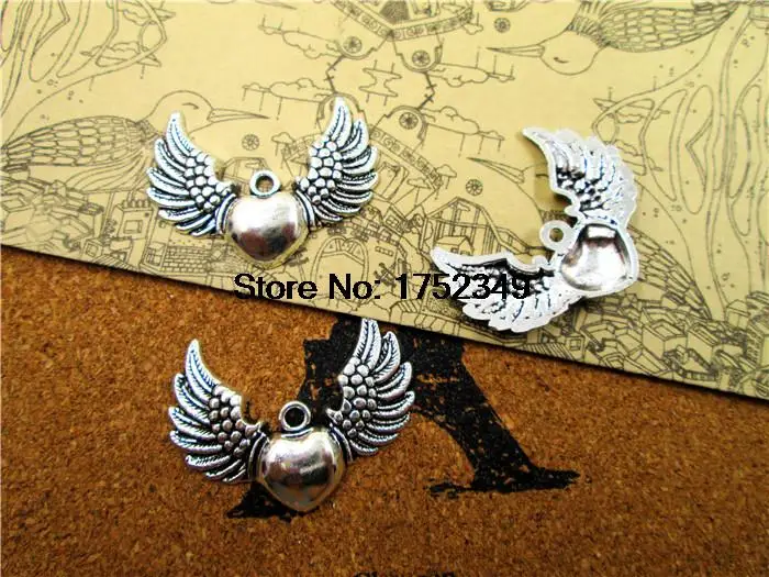 

10 PCs, Heart with Wings, Angel Wings, Wing Pendant, Heart Charm, Antique Silver Fittings, , Jewelry Making, 38*28MM