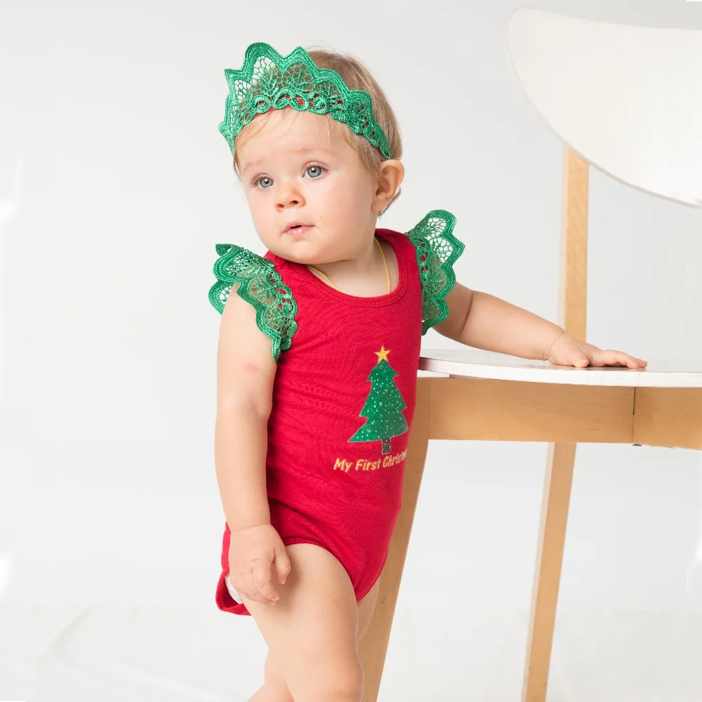 

XMAS Red Girls Bodysuit Christmas Day Newborn Bodysuit with Embroidery Headband Girls Toddler Clothing 2017 New Infant Clothing