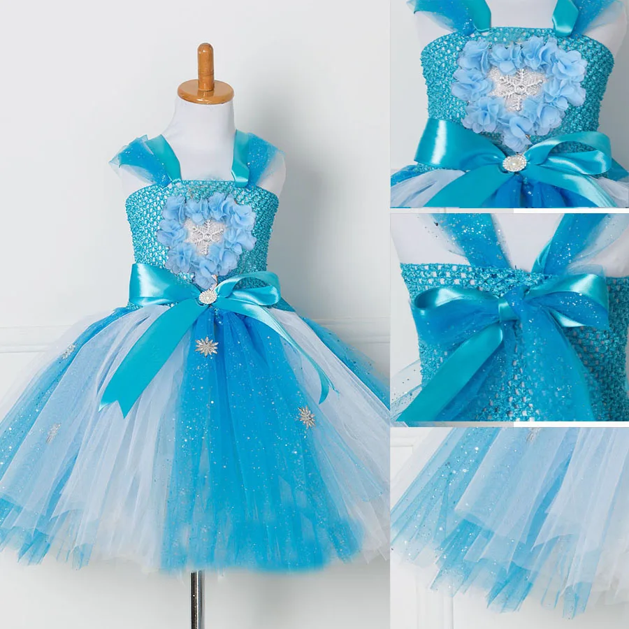 Tulle Tutu Dress Princess Anna Elsa Dress Snow Queen Halloween Party Vestidos Cosplay Costume Girl Dress Summer Girls Clothes