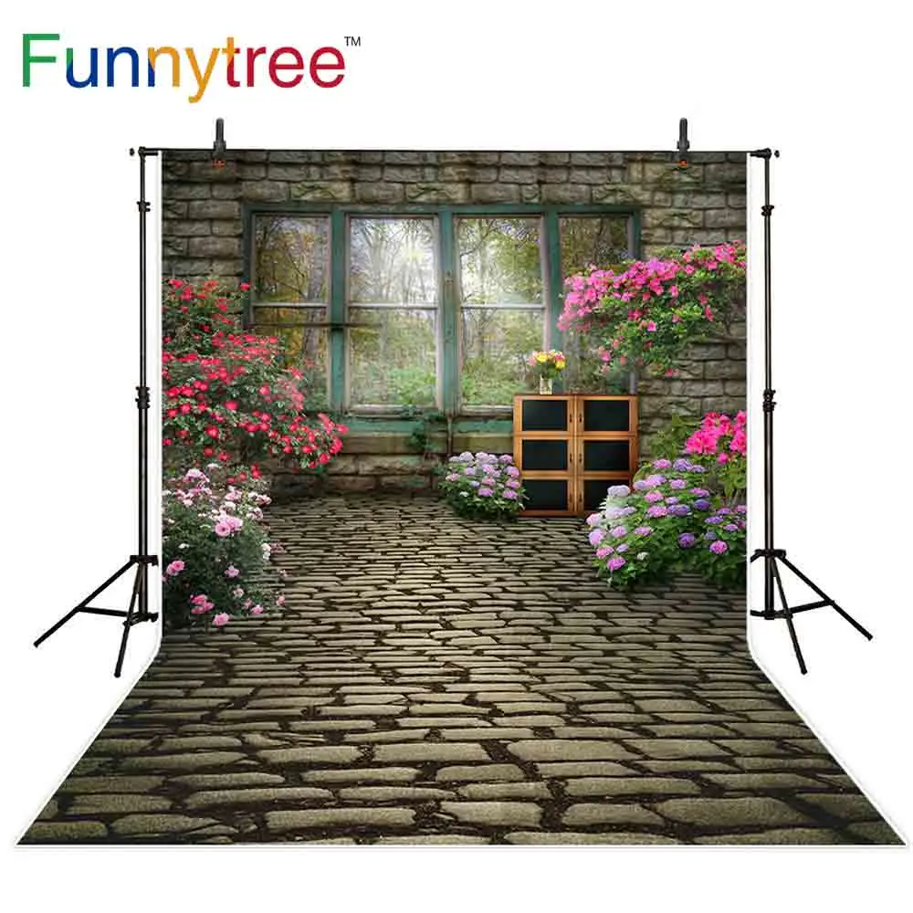Фон Funnytree для фотосъемки в винтажном стиле с серыми кирпичными цветами окном