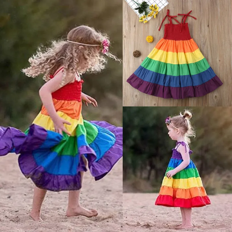 Kids Girl Dress Rainbow Cotton Strap Party Pageant Dresses 2-7Y