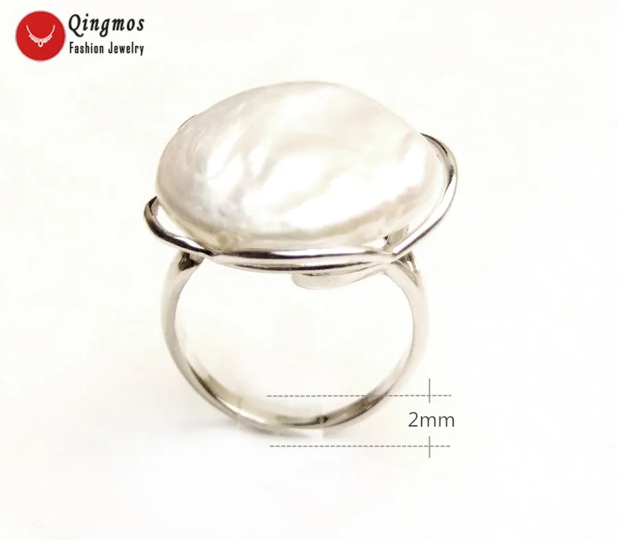 

Qingmos Natural Pearl Ring for Women With 20mm White Coin Round Pearl & Silver Plate Metal Ring Jewelry Adjustable #8-#10 Ring