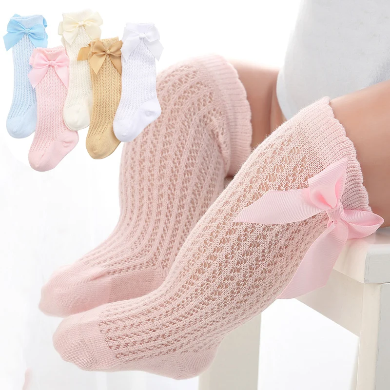 Носки для малышей осенне-зимние гольфы с бантом для новорожденных девочек детские дышащие гольфы до колена для маленьких девочек, Sokken