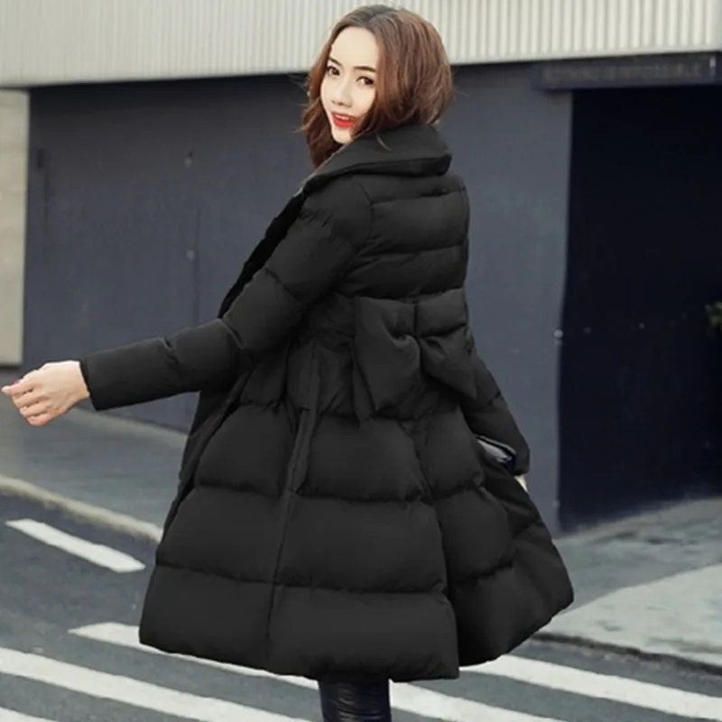 Зимняя куртка, женские пуховые хлопковые утепленные куртки, длинные парки с бантом, повседневное теплое пальто, Женское зимнее пальто с хлопковой подкладкой S152