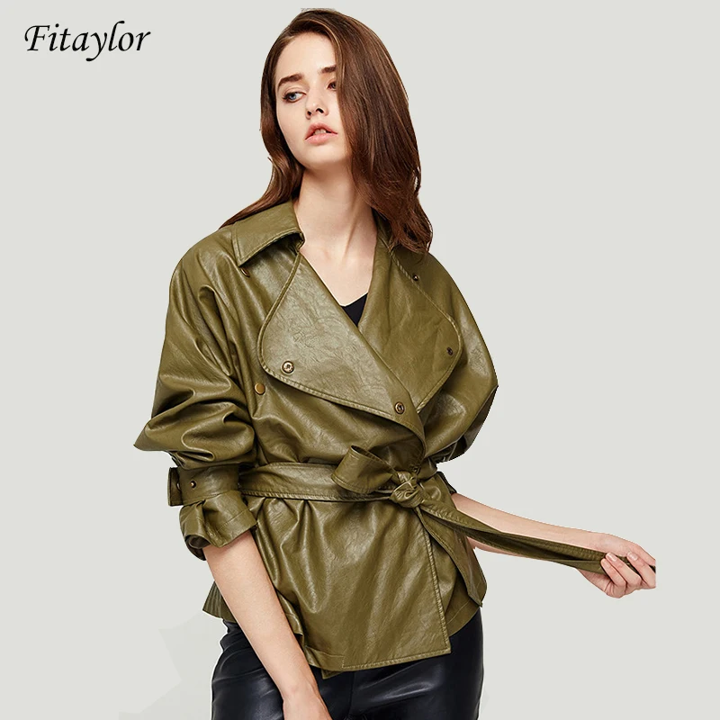 

Fitaylor Spring New Women's Loose Washed Pu Leather Jacket Fashion Sashes Design Bright Colors Coats New Ladies Basic Jackets