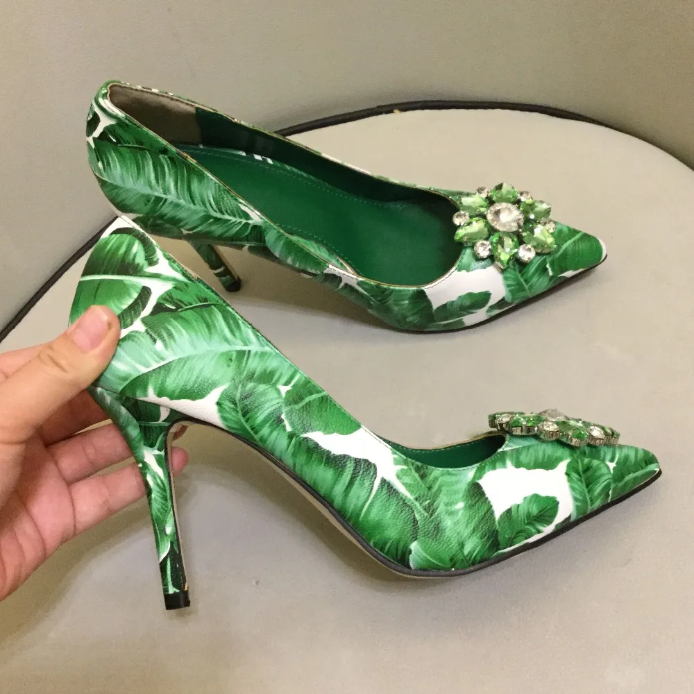 

2019 latest design green leaf printed gemstone pointed high heels banquet evening dress shoes