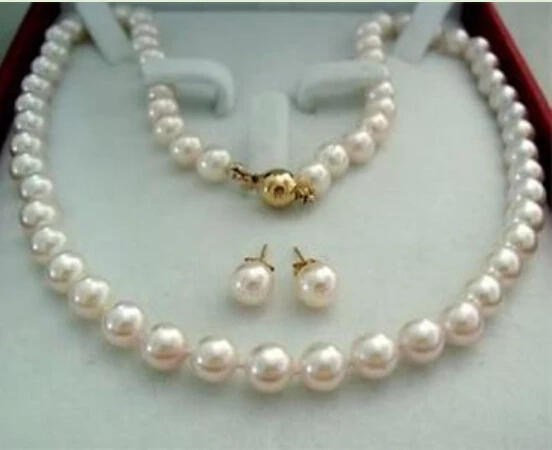 hot Fast shipping + Gold Clasp 7-8MM White Akoya Cultured Pearl Necklace Earring LL003 set (A0516) -Bride jewelry free shipp | Украшения и