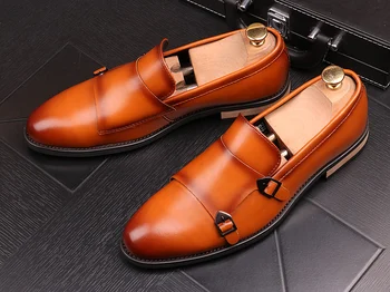 

Men's Fashion brown Party Wedding Shoe Pointed toe flats Nightclub stage Shoes Loafers Male British style wild breathable shoes